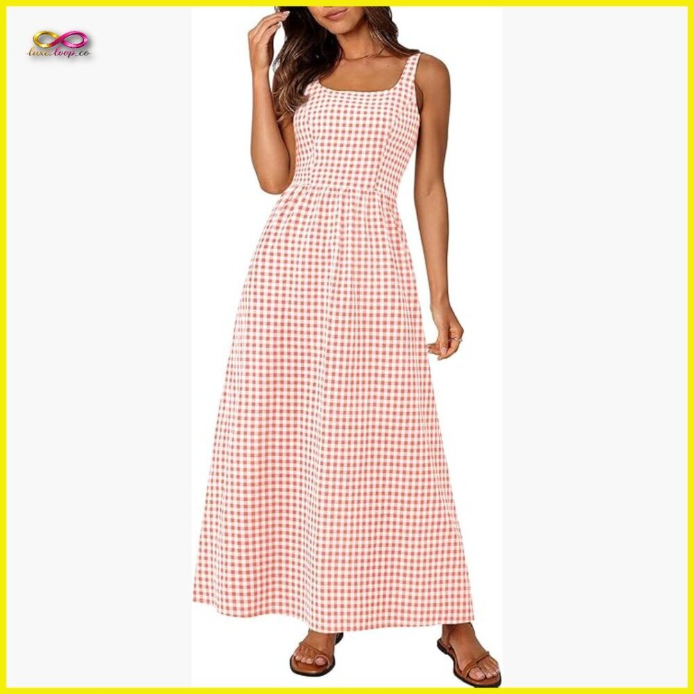 Plaid Square Neck Maxi Dress Spaghetti Strap A-Line Casual Beach Vacation